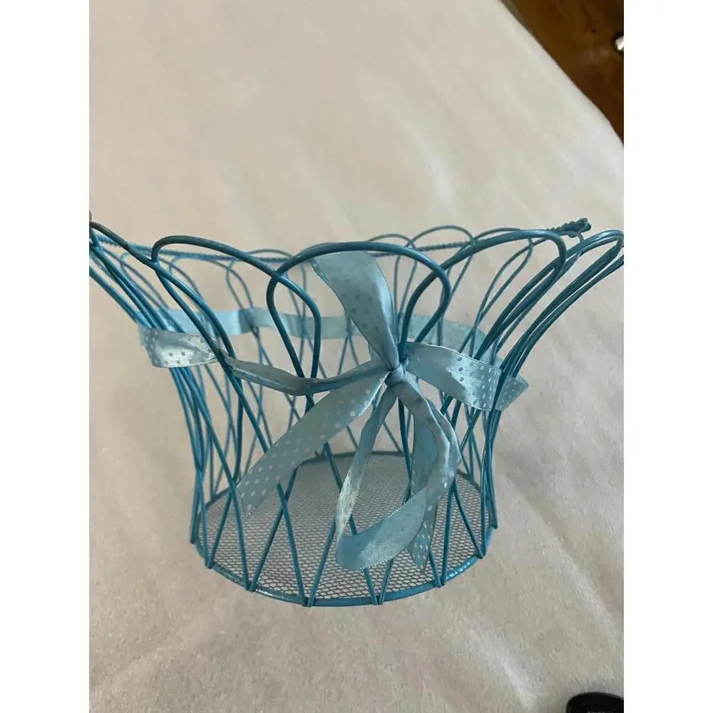 Blue Wire Basket with Decorative Ribbon